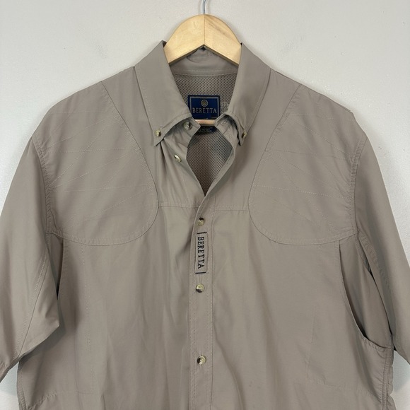 Beretta Firearms Shooting Shirt Mens XL Khaki Tan Short Sleeve Button Down Read - Picture 1 of 9